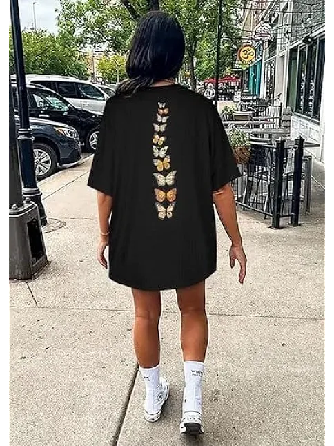 Kadın Bisiklet Yaka Baskılı T-shirt - Siyah
