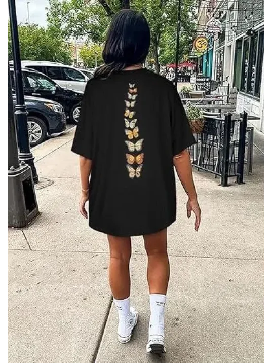 Kadın Bisiklet Yaka Baskılı T-shirt - Siyah