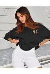 Kadın Bisiklet Yaka Baskılı T-shirt - Siyah