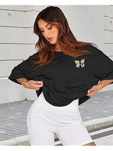 Kadın Bisiklet Yaka Baskılı T-shirt - Siyah
