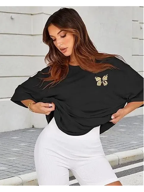 Kadın Bisiklet Yaka Baskılı T-shirt - Siyah