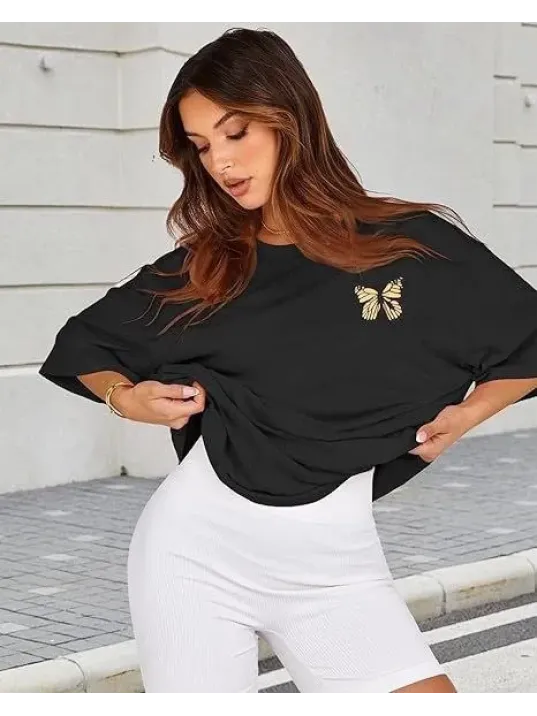 Kadın Bisiklet Yaka Baskılı T-shirt - Siyah Kadın Bisiklet Yaka Baskılı T-shirt - Siyah