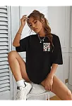 Kadın Bisiklet Yaka Baskılı T-shirt - Siyah