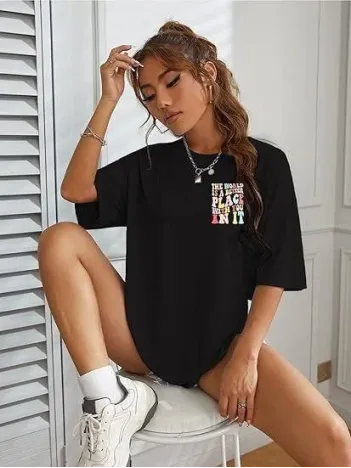 Kadın Bisiklet Yaka Baskılı T-shirt - Siyah Kadın Bisiklet Yaka Baskılı T-shirt - Siyah