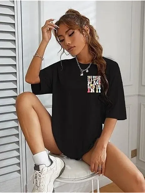 Kadın Bisiklet Yaka Baskılı T-shirt - Siyah
