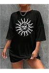 Kadın Bisiklet Yaka Baskılı T-shirt - Siyah
