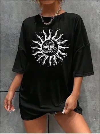 Kadın Bisiklet Yaka Baskılı T-shirt - Siyah Kadın Bisiklet Yaka Baskılı T-shirt - Siyah