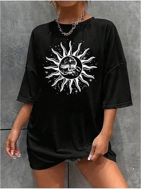 Kadın Bisiklet Yaka Baskılı T-shirt - Siyah