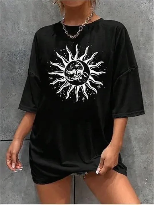 Kadın Bisiklet Yaka Baskılı T-shirt - Siyah Kadın Bisiklet Yaka Baskılı T-shirt - Siyah