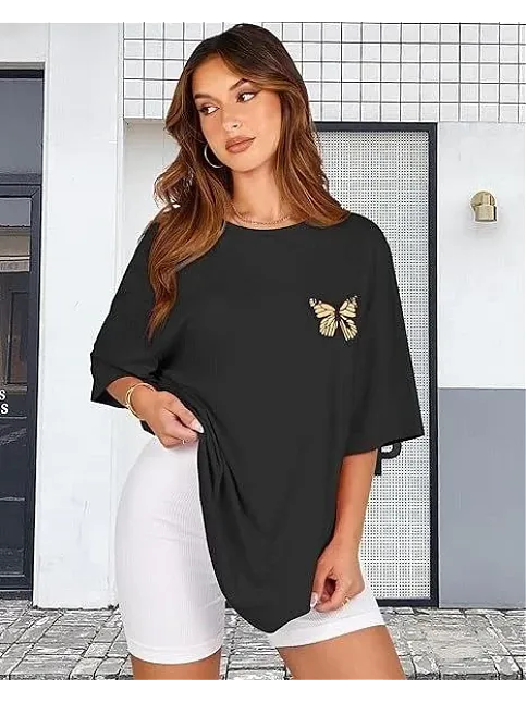 Kadın Bisiklet Yaka Baskılı T-shirt - Siyah