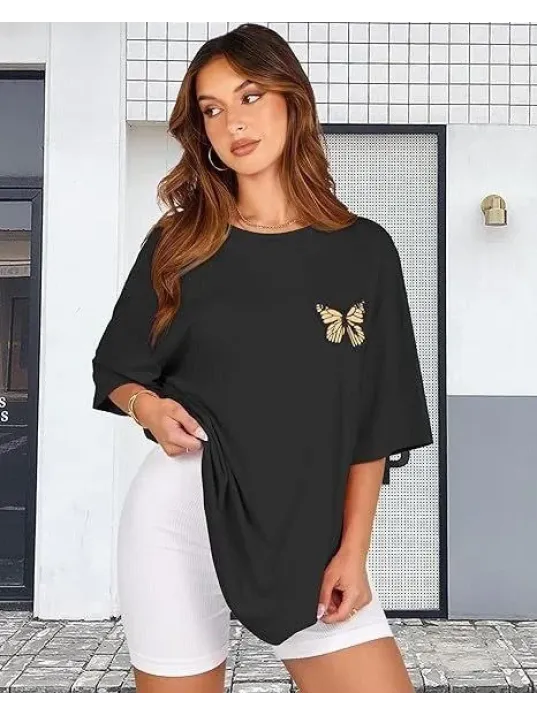 Kadın Bisiklet Yaka Baskılı T-shirt - Siyah