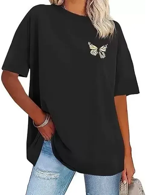 Kadın Bisiklet Yaka Baskılı T-shirt - Siyah