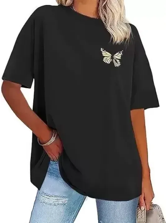 Kadın Bisiklet Yaka Baskılı T-shirt - Siyah