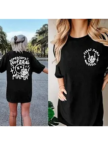 Kadın Bisiklet Yaka Baskılı T-shirt - Siyah