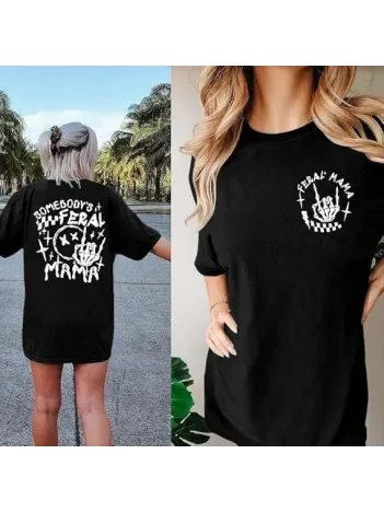 Kadın Bisiklet Yaka Baskılı T-shirt - Siyah