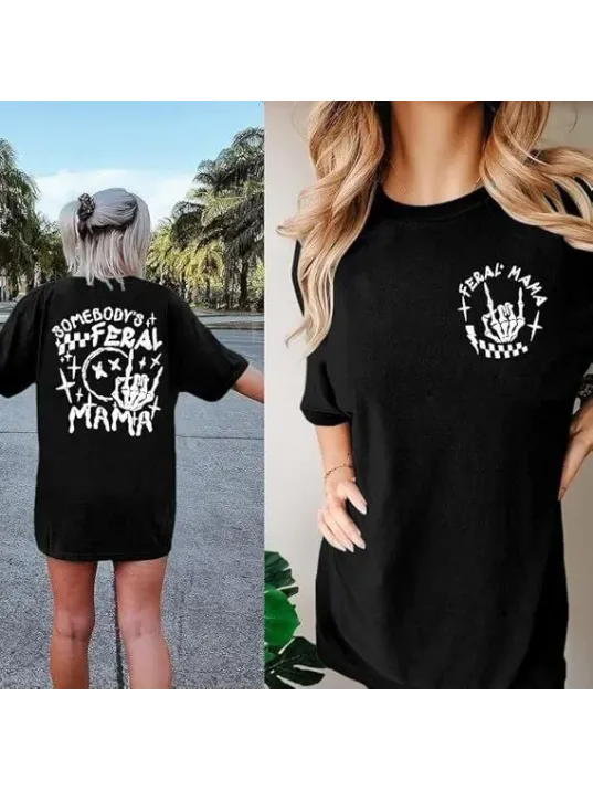 Kadın Bisiklet Yaka Baskılı T-shirt - Siyah