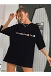 Kadın Bisiklet Yaka Baskılı T-shirt - Siyah