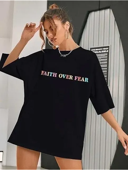Kadın Bisiklet Yaka Baskılı T-shirt - Siyah