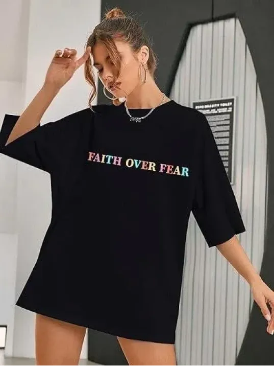 Kadın Bisiklet Yaka Baskılı T-shirt - Siyah Kadın Bisiklet Yaka Baskılı T-shirt - Siyah