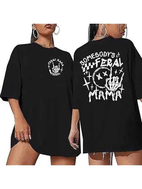 Kadın Bisiklet Yaka Baskılı T-shirt - Siyah