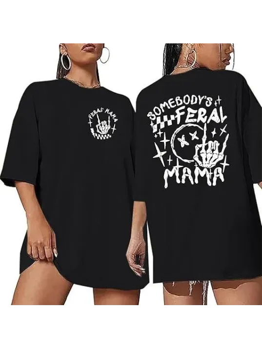 Kadın Bisiklet Yaka Baskılı T-shirt - Siyah