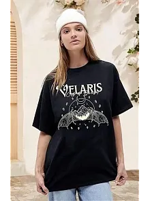 Kadın Bisiklet Yaka Baskılı T-shirt - Siyah
