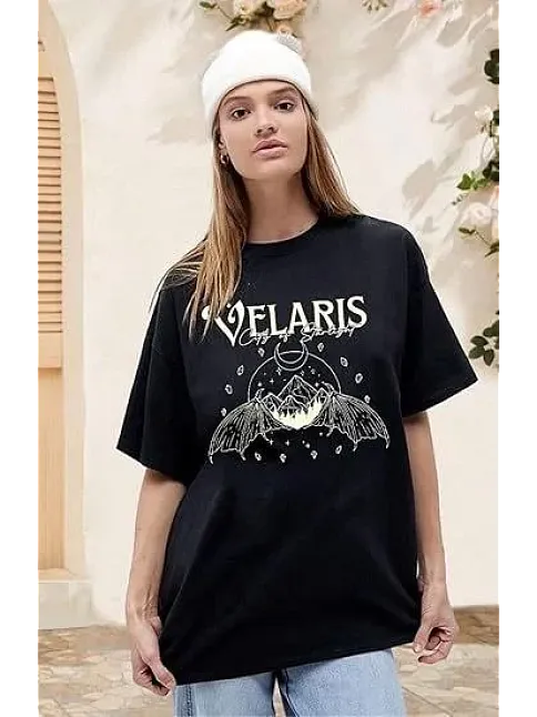 Kadın Bisiklet Yaka Baskılı T-shirt - Siyah