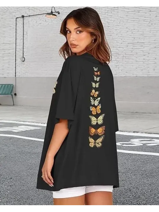 Kadın Bisiklet Yaka Baskılı T-shirt - Siyah