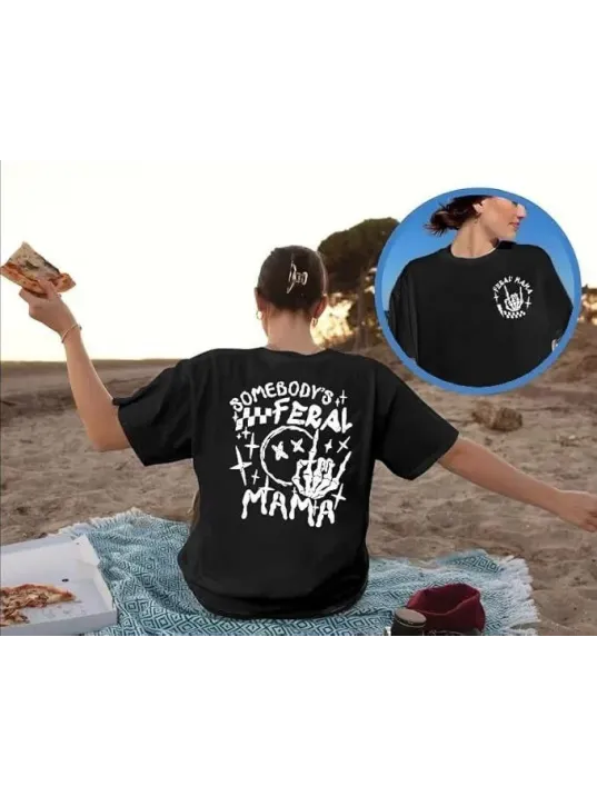 Kadın Bisiklet Yaka Baskılı T-shirt - Siyah Kadın Bisiklet Yaka Baskılı T-shirt - Siyah