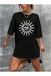 Kadın Bisiklet Yaka Baskılı T-shirt - Siyah