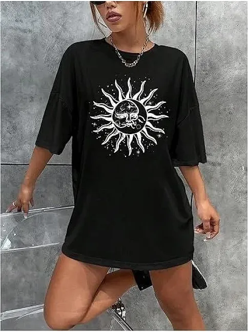 Kadın Bisiklet Yaka Baskılı T-shirt - Siyah