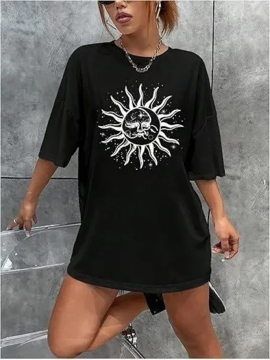 Kadın Bisiklet Yaka Baskılı T-shirt - Siyah