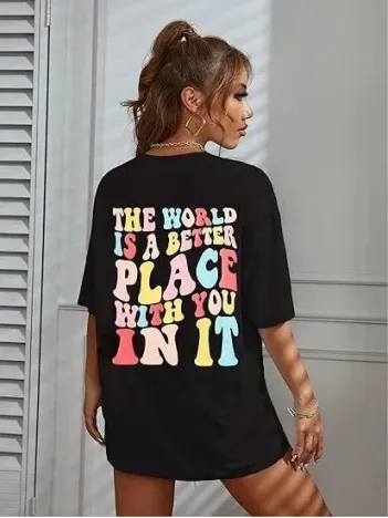 Kadın Bisiklet Yaka Baskılı T-shirt - Siyah