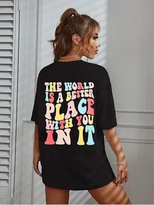 Kadın Bisiklet Yaka Baskılı T-shirt - Siyah