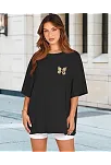 Kadın Bisiklet Yaka Baskılı T-shirt - Siyah