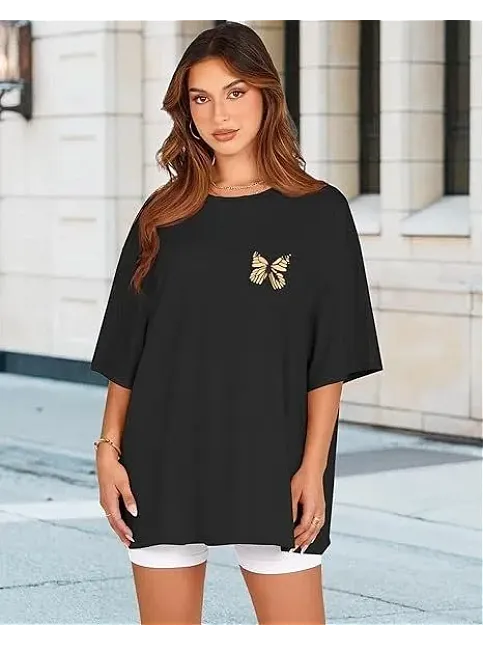 Kadın Bisiklet Yaka Baskılı T-shirt - Siyah