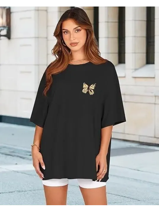 Kadın Bisiklet Yaka Baskılı T-shirt - Siyah