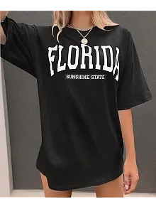 Kadın Bisiklet Yaka Baskılı T-shirt - Siyah
