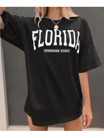 Kadın Bisiklet Yaka Baskılı T-shirt - Siyah Kadın Bisiklet Yaka Baskılı T-shirt - Siyah