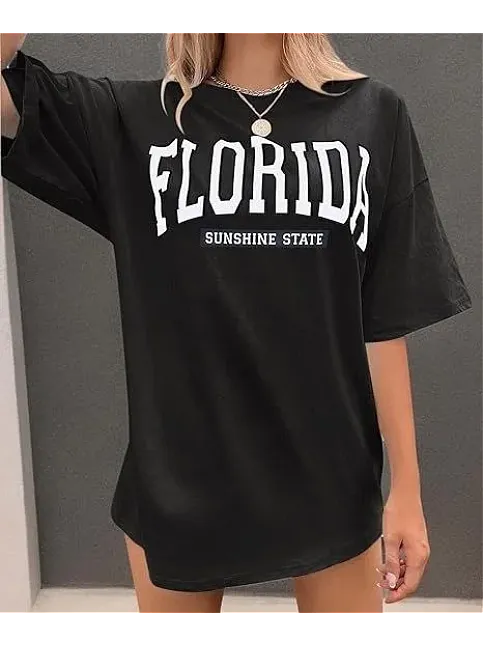 Kadın Bisiklet Yaka Baskılı T-shirt - Siyah