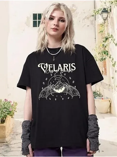 Kadın Bisiklet Yaka Baskılı T-shirt - Siyah