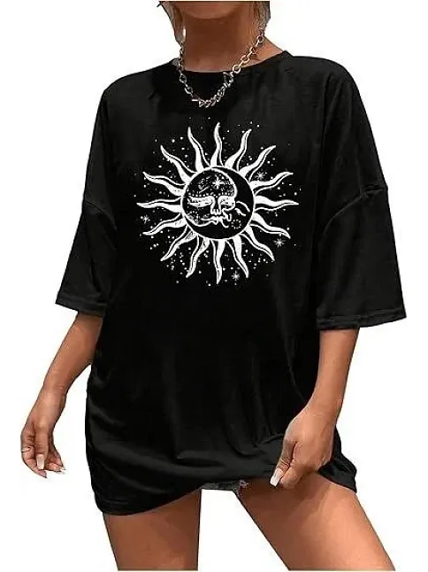 Kadın Bisiklet Yaka Baskılı T-shirt - Siyah