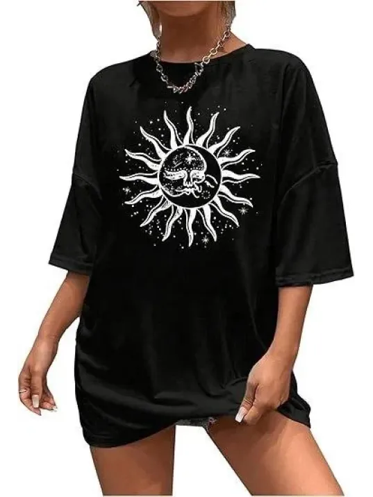 Kadın Bisiklet Yaka Baskılı T-shirt - Siyah