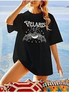 Kadın Bisiklet Yaka Baskılı T-shirt - Siyah