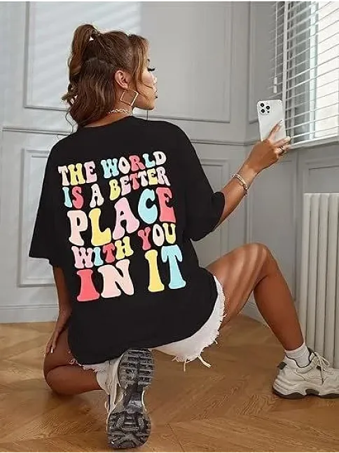 Kadın Bisiklet Yaka Baskılı T-shirt - Siyah