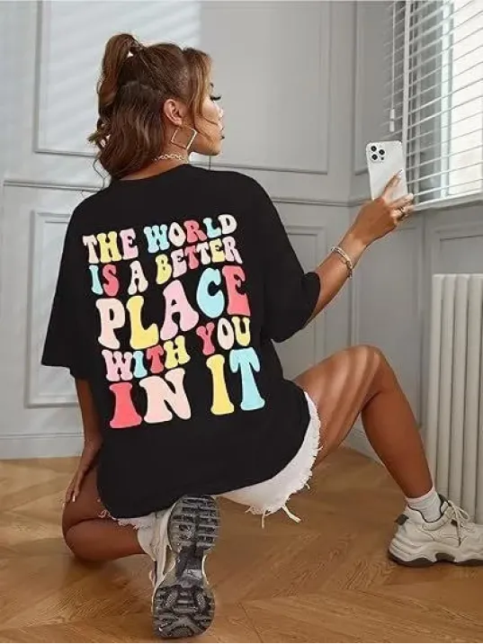 Kadın Bisiklet Yaka Baskılı T-shirt - Siyah