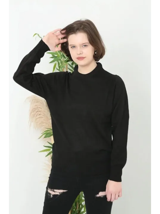 Kadın Bisiklet Yaka Düz Kazak - Siyah