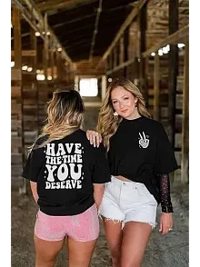 Kadın Bisiklet Yaka Kısa Kol Baskılı T-shirt - Siyah