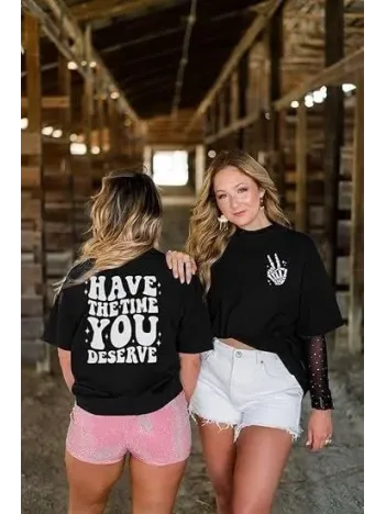 Kadın Bisiklet Yaka Kısa Kol Baskılı T-shirt - Siyah Kadın Bisiklet Yaka Kısa Kol Baskılı T-shirt - Siyah