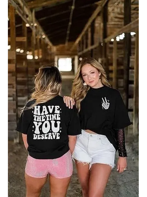 Kadın Bisiklet Yaka Kısa Kol Baskılı T-shirt - Siyah